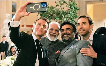 பிரதமர் மோடி, நடிகர் மாதவனுடன் பிரான்ஸ் ஜனாதிபதி 'செல்பி' 