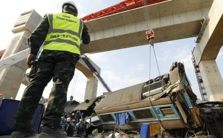 தாய்லாந்தில் பயணித்துக் கொண்டிருந்த ரயில்மீது கிரேன் விழுந்து கோர விபத்து: 32 பேர் உயிரிழப்பு