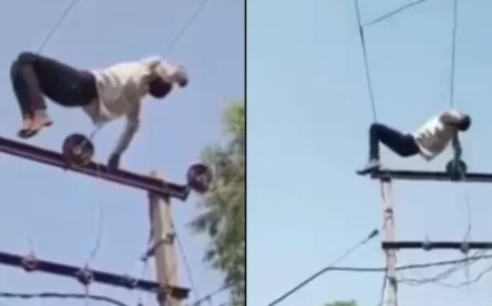போதை தலைக்கேறி உயர்அழுத்த மின்கம்பியில் ஏறி படுத்த வாலிபர்; அதிர்ச்சியில் உறைந்த பொதுமக்கள்